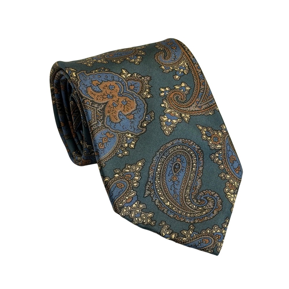VTG Cross & Windsor Necktie Teal Blue Paisley Silk Handmade Classic Mens Tie